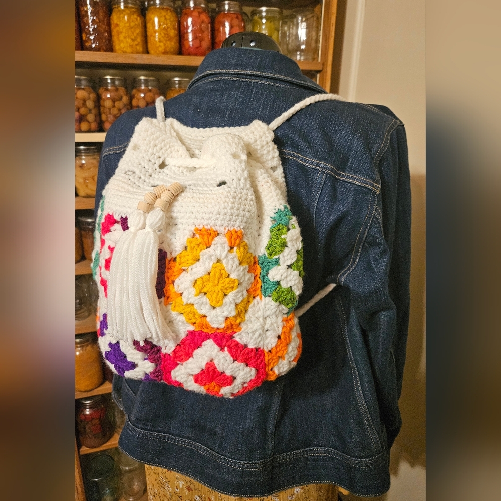 NWT - RAINBOW GRANNY SQUARE Handcrafted Multicolor Crochet Backpack